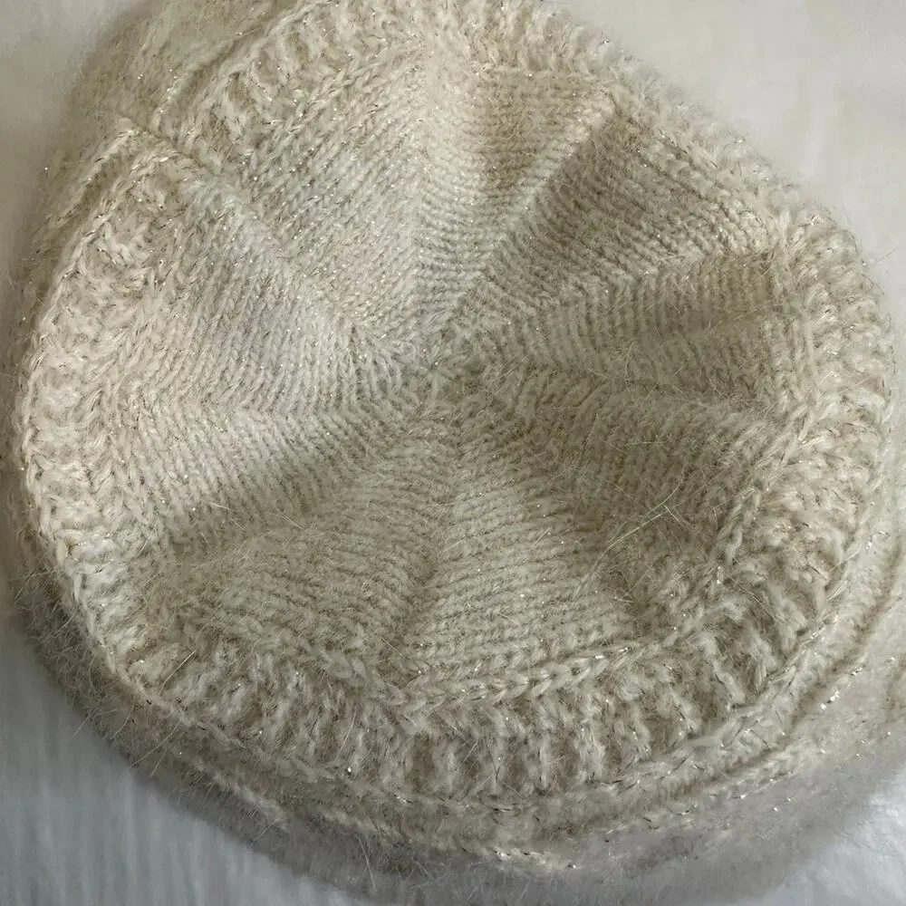Nine West Rabbit Wool Blend Braided Knit Hat White Cream‎ Gold Accents Winter